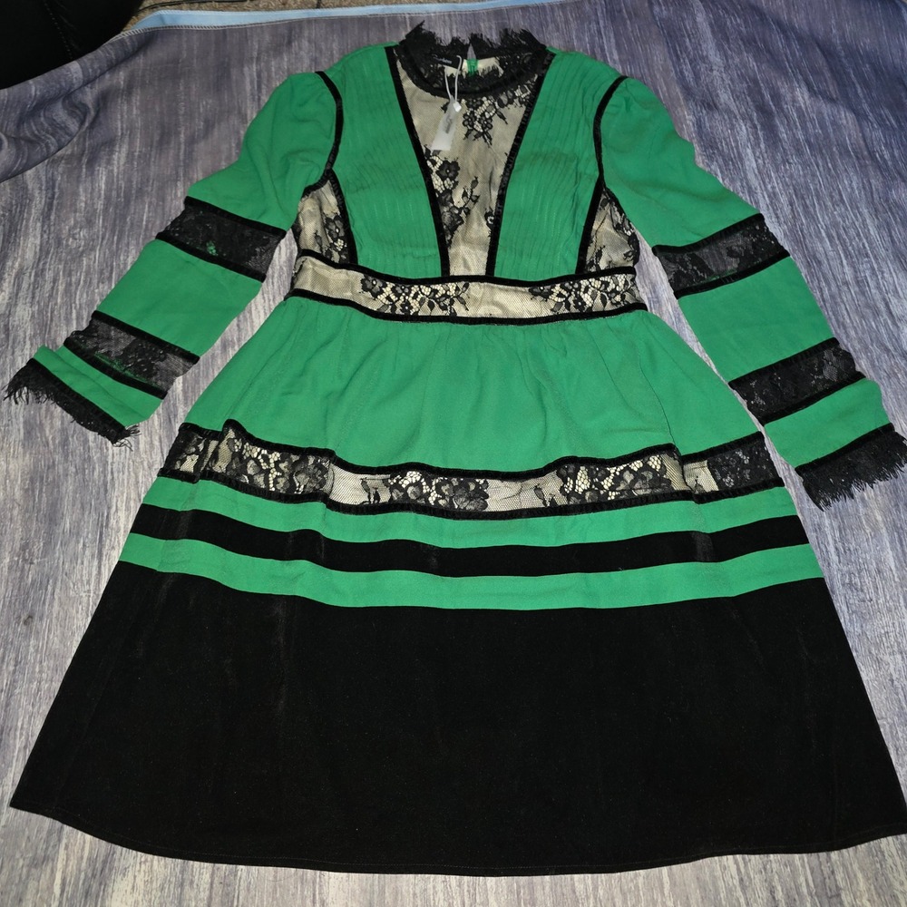 RoseDress Womens Green Black Lace Velvet Trim Long Sleeve Fit Flare Dress L